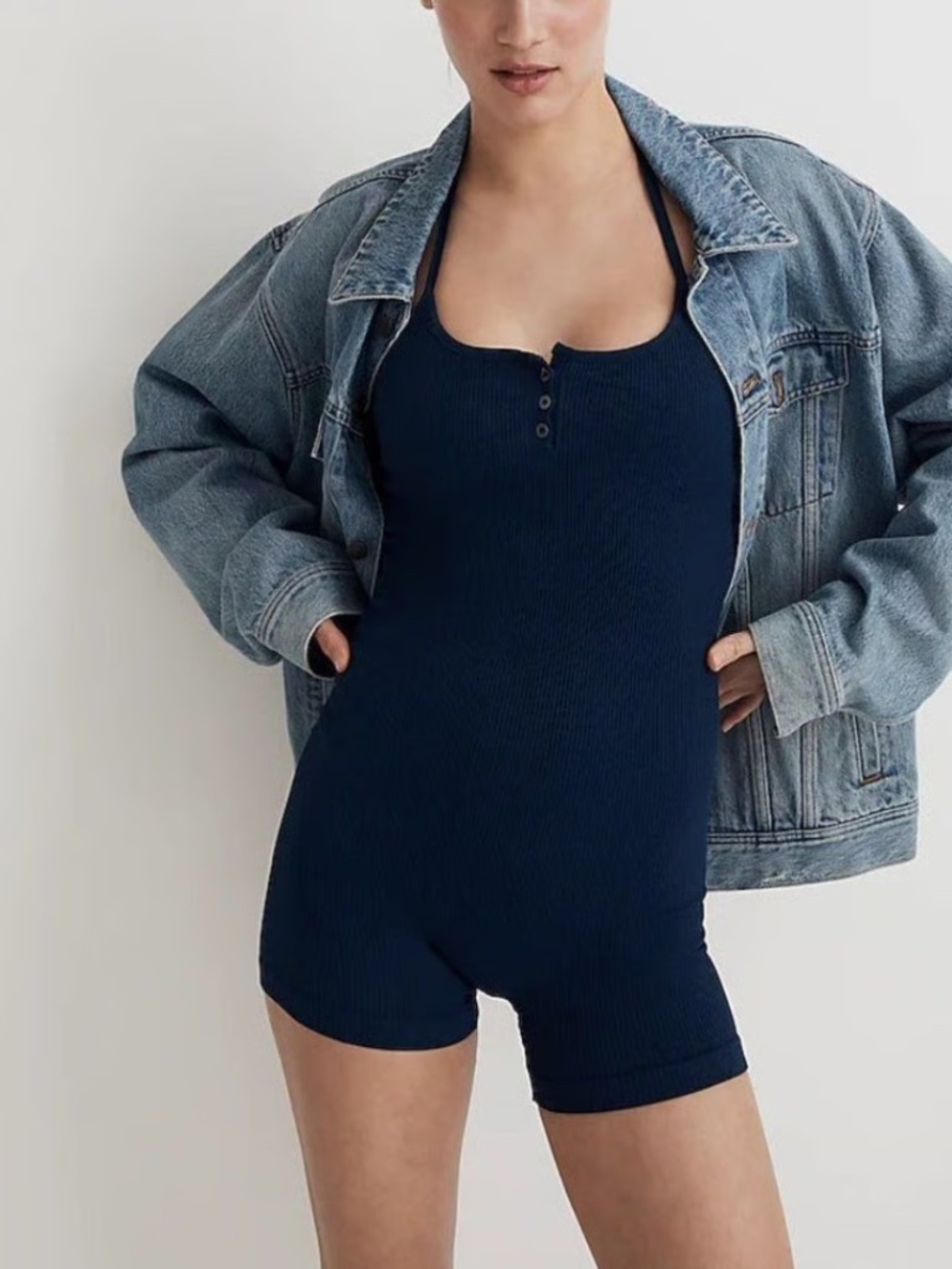New Madewell Seamless Halter Biker Unitard Sz M Blue Romper Athleisure Ribbed